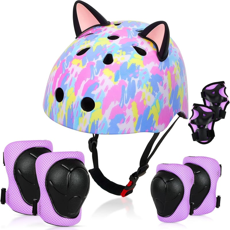 FIODAY Kids Helmet, Bike Helmets for Kids 8-14 with Knee Pads and Elbow Pads Wrist Guards, Adjustable Youth Girls Bike Helmet with DIY Cat Ears Skateboard Helmet for Scooter Skating Cycling - Image 1
